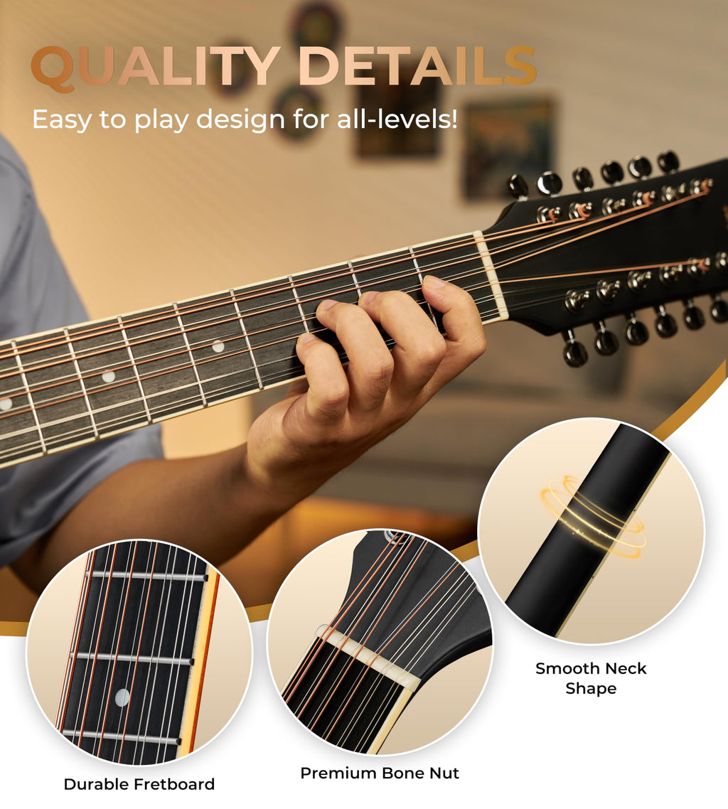 12 String Acoustic Electric Guitar Spruce Top Bone Nut Black Matte E148