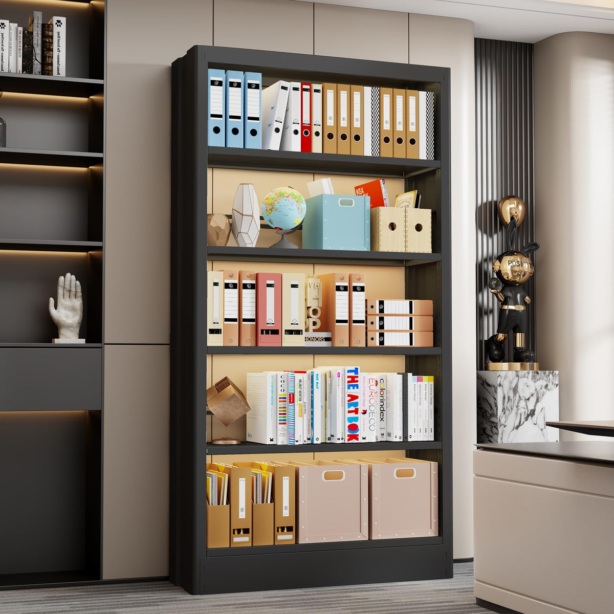 Black 5-Tier Metal Bookcase with Adjustable Shelves U784