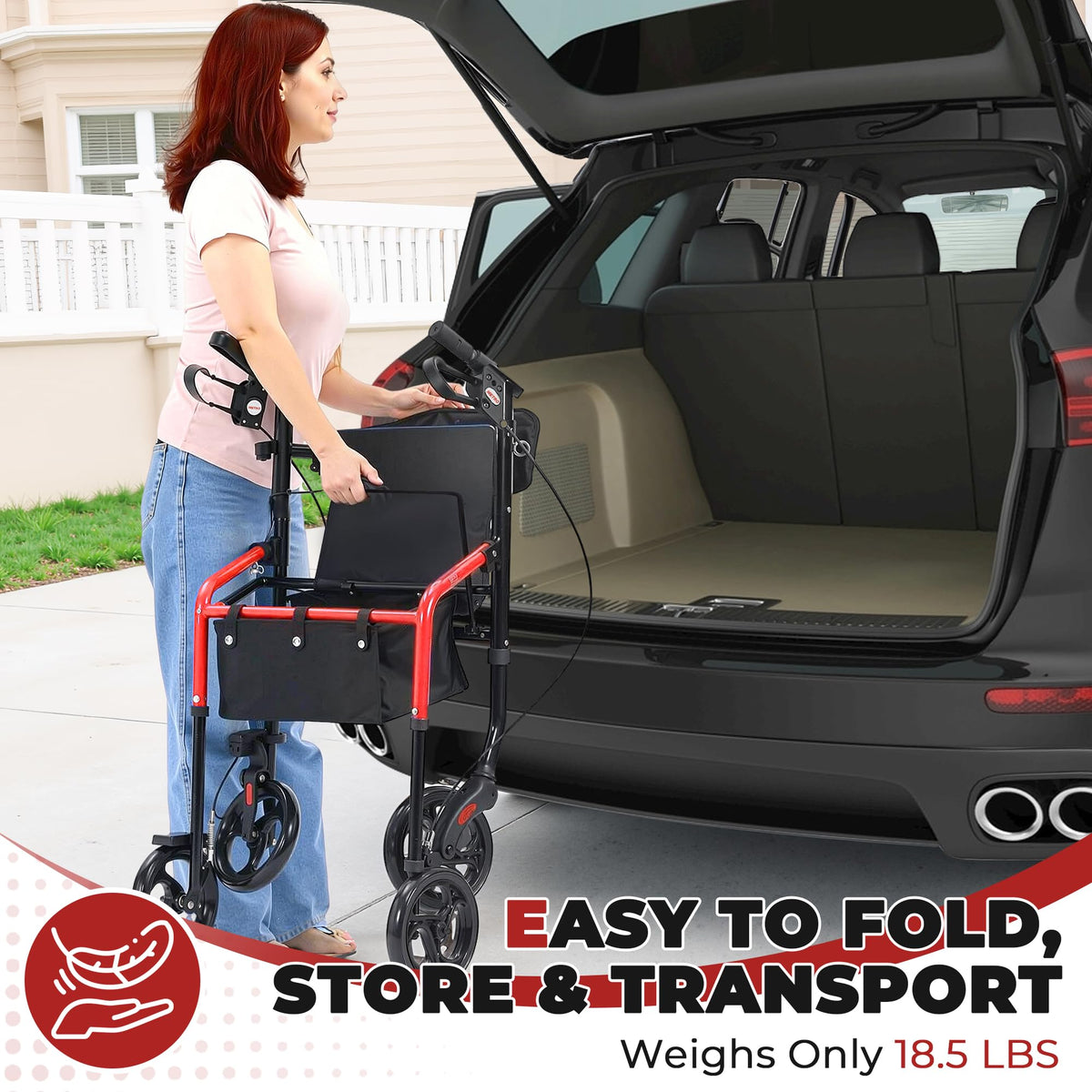 Foldable Lightweight Rolling Walker with Seat, 8" Wheels, 300 lb. Capacity, Red K852