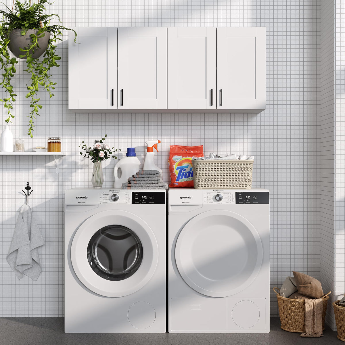 White Laundry Room Cabinets and Storage with 4 Doors and Adjustable Shelf A4460
