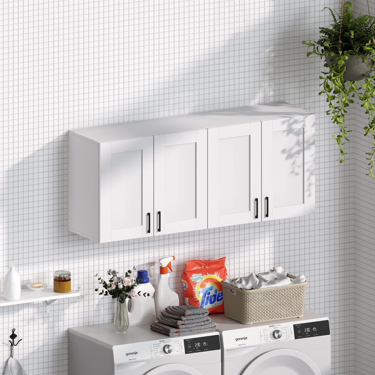 White Laundry Room Cabinets and Storage with 4 Doors and Adjustable Shelf A4460
