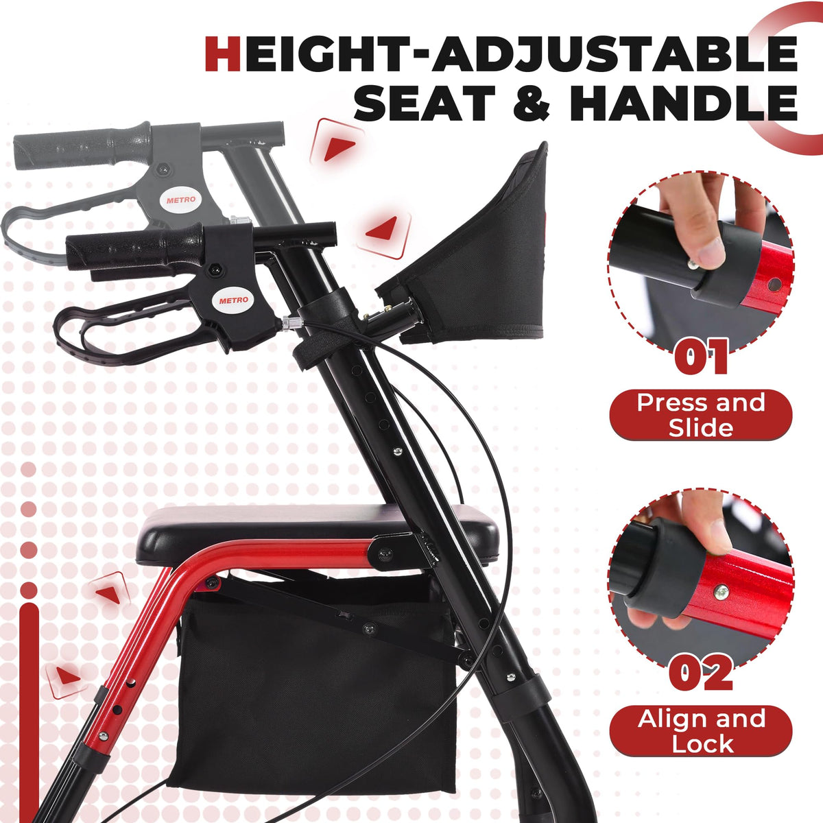 Foldable Lightweight Rolling Walker with Seat, 8" Wheels, 300 lb. Capacity, Red K852
