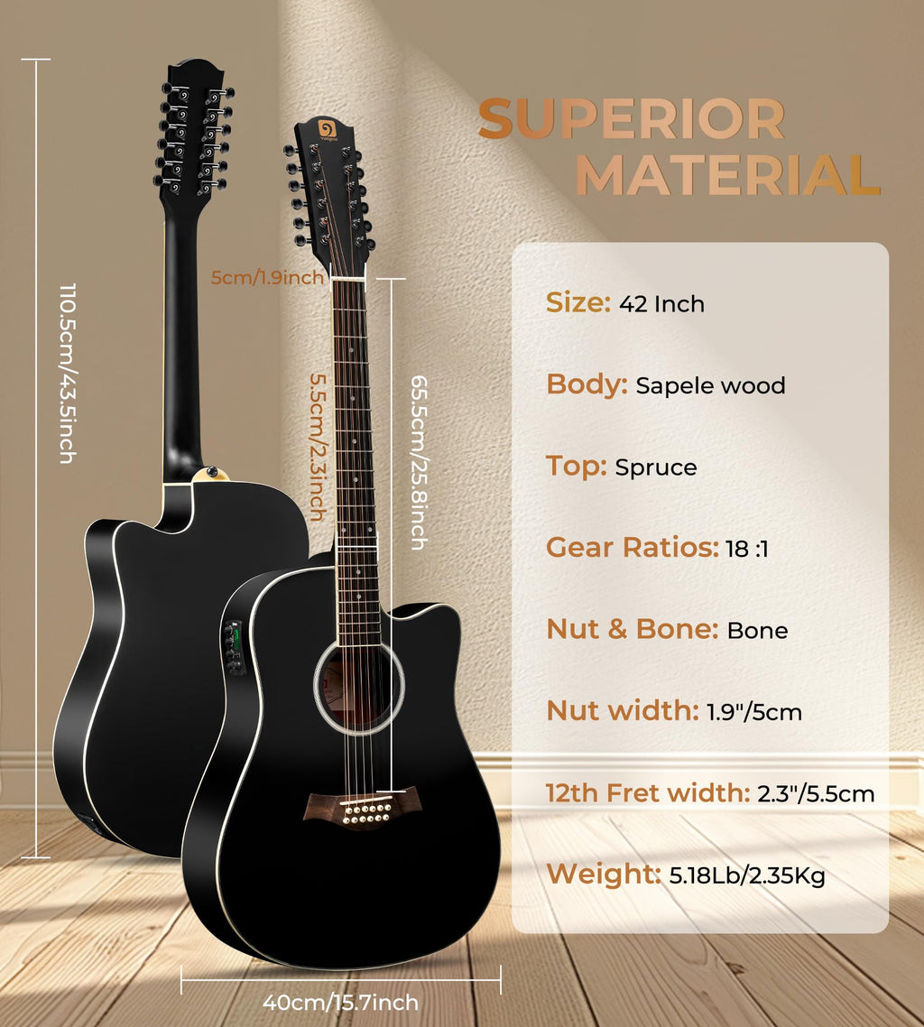 12 String Acoustic Electric Guitar Spruce Top Bone Nut Black Matte E148