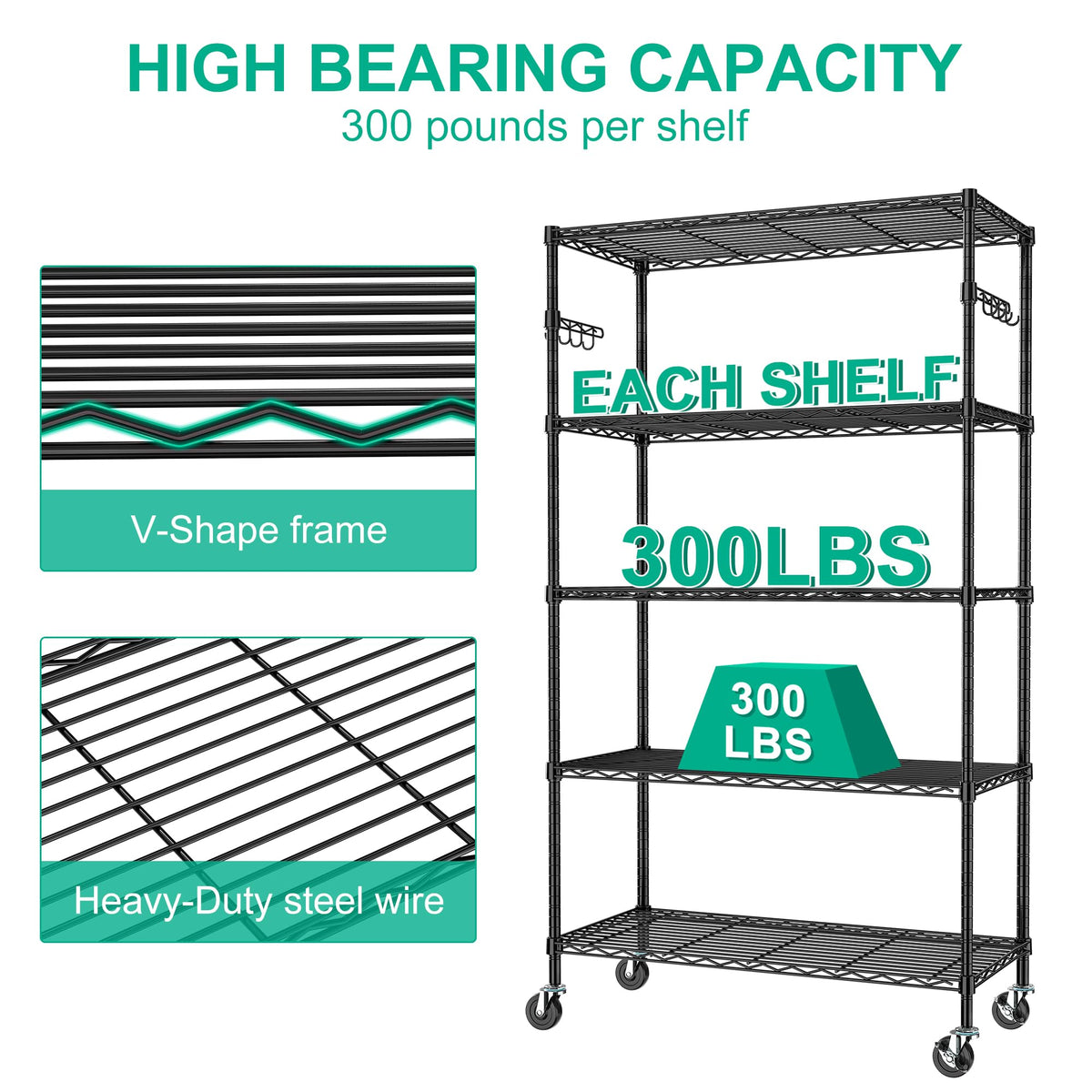 5-Tier Rolling Metal Wire Shelving Unit L35328
