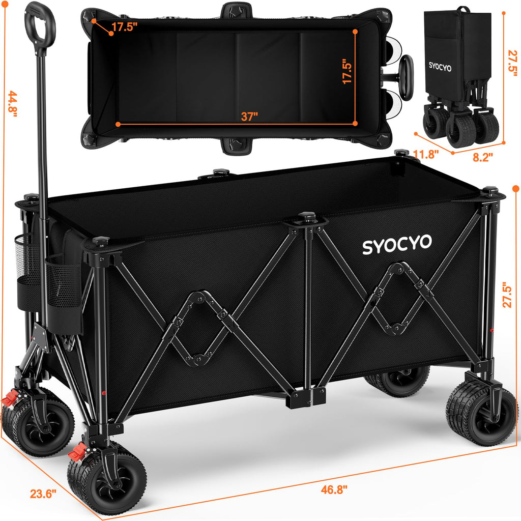 Foldable Collapsible Wagon with All-Terrain Wheels and Cup Holders, Black U7679