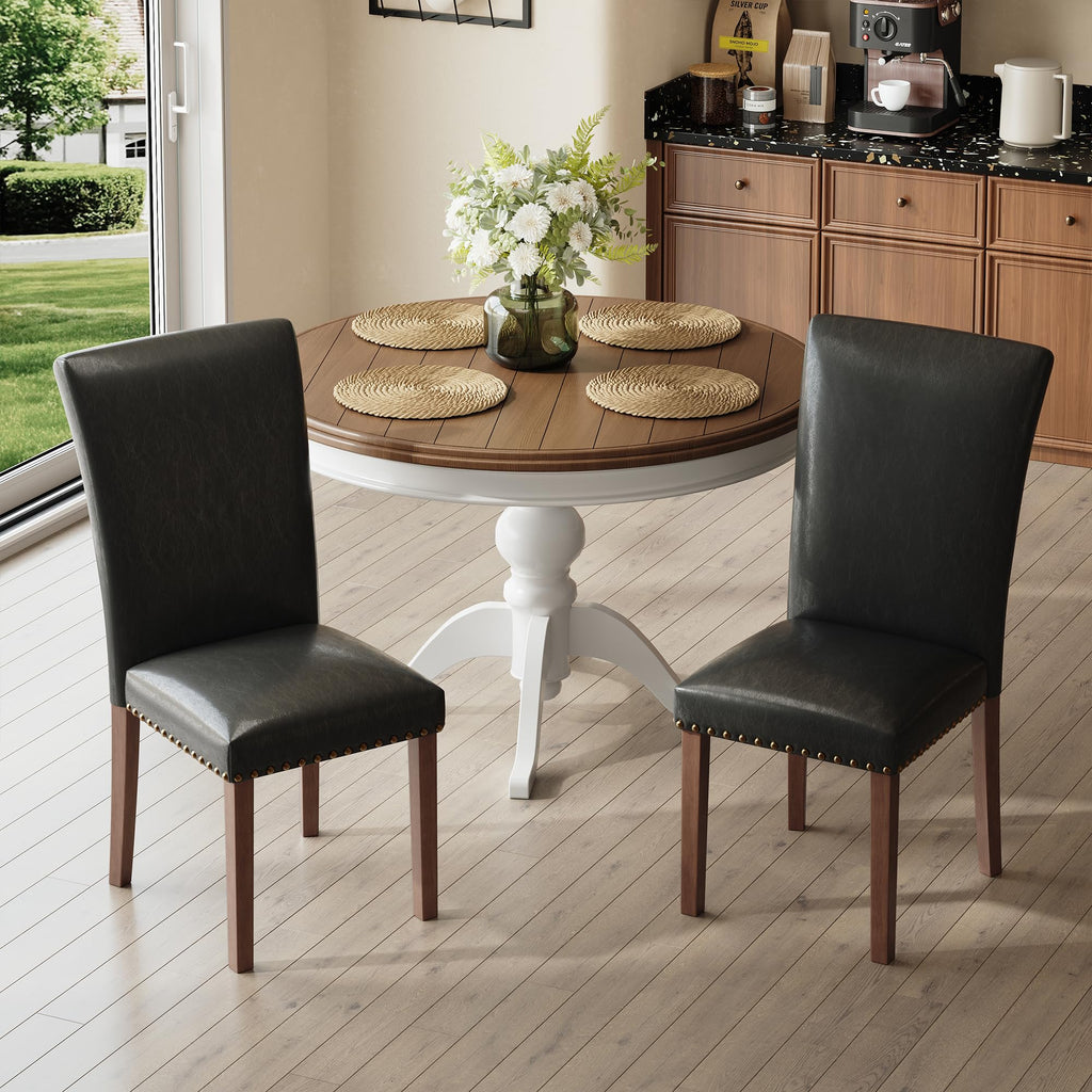 Black Leather Dining Chairs Set of 2 with Wood Legs S5686