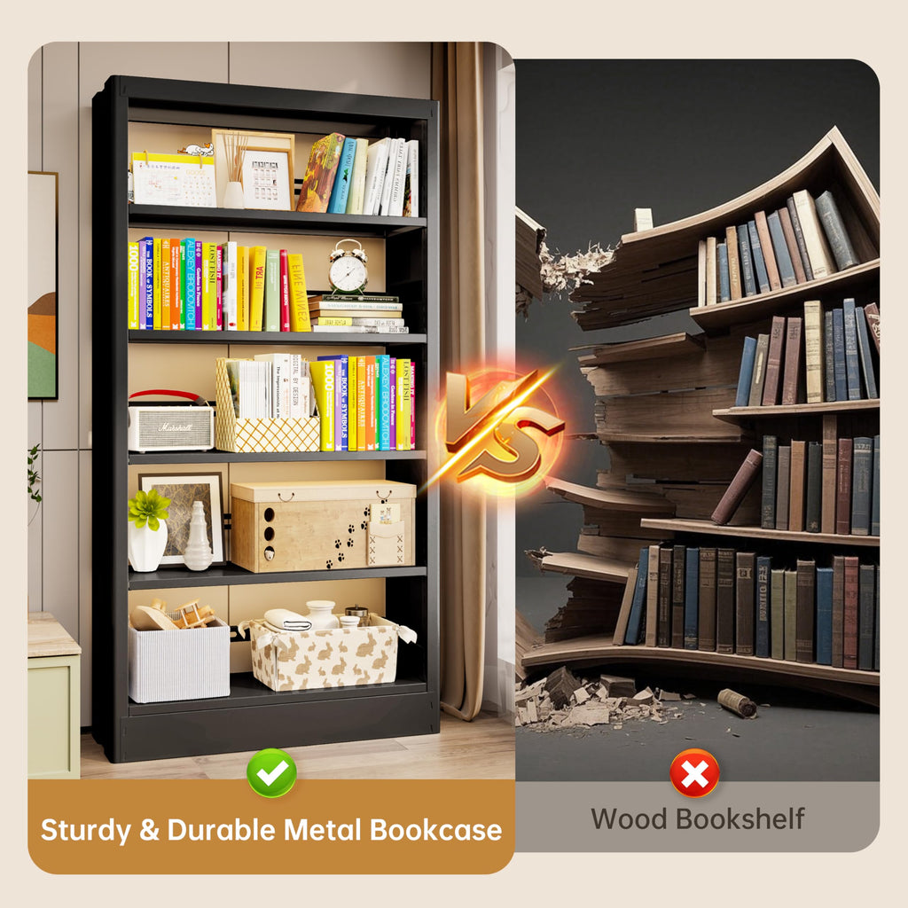 Black 5-Tier Metal Bookcase with Adjustable Shelves U784