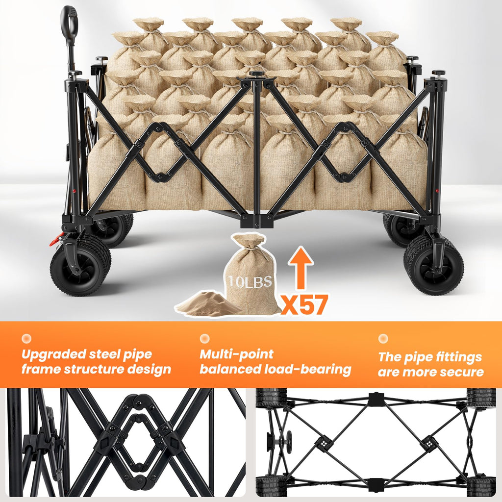 Foldable Collapsible Wagon with All-Terrain Wheels and Cup Holders, Black U7679