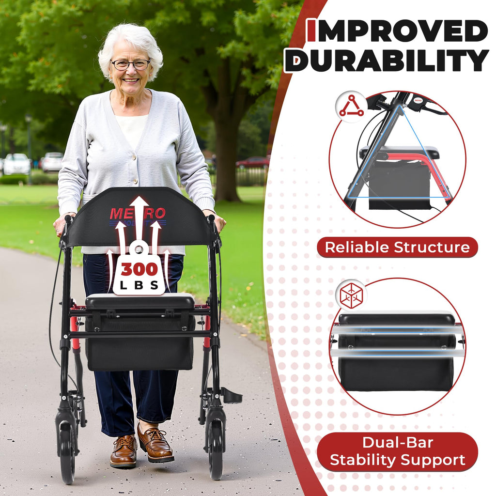 Foldable Lightweight Rolling Walker with Seat, 8" Wheels, 300 lb. Capacity, Red K852
