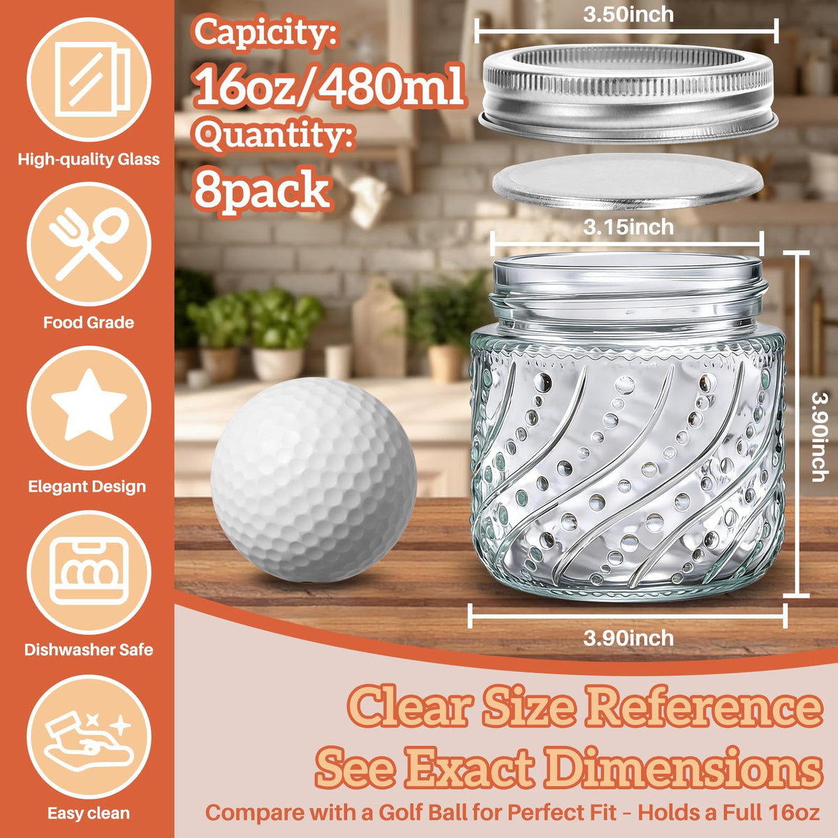 16oz Wide Mouth Mason Jars with Lids and Bands, 8 Pack Q81740