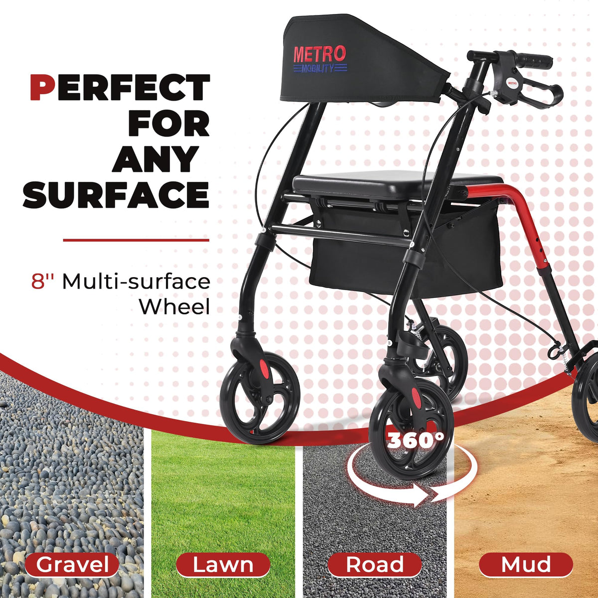 Foldable Lightweight Rolling Walker with Seat, 8" Wheels, 300 lb. Capacity, Red K852