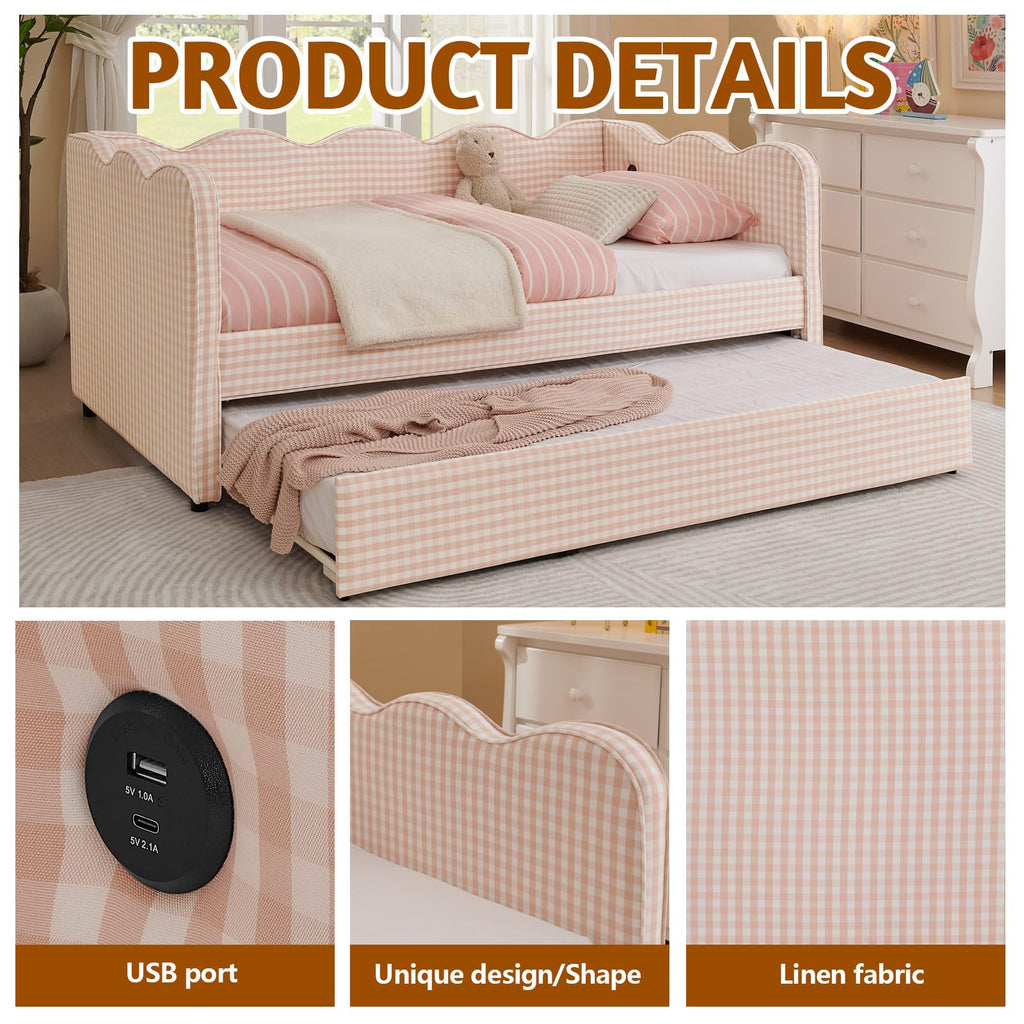 Pink Twin Size Gingham Daybed with Trundle V1613