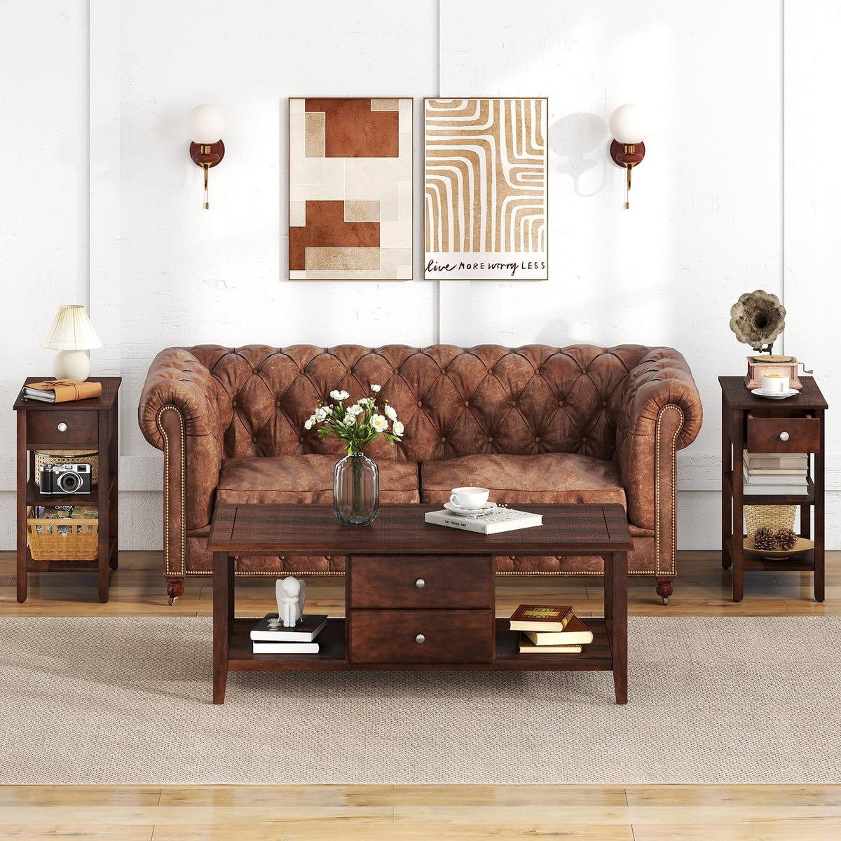 Narrow End Table Set of 2 Wood 3-Tier W856422