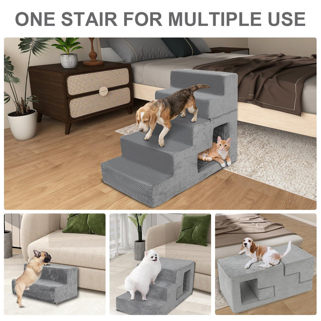 Grey 5-Step Dog Stairs with Non-Slip Washable Cover O3048