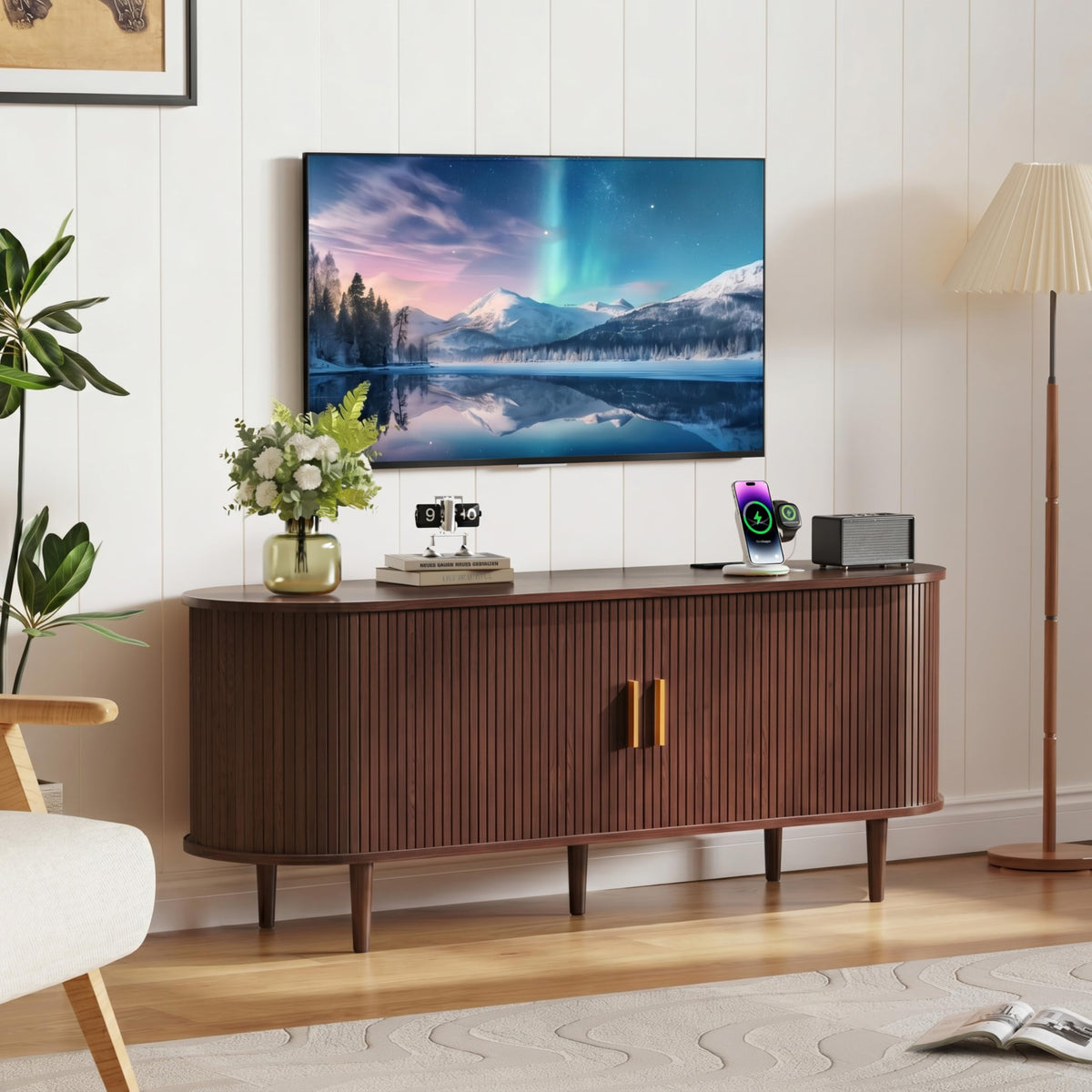 55 Inch Mid Century Modern TV Stand with Power Outlet and Adjustable Shelves X168360