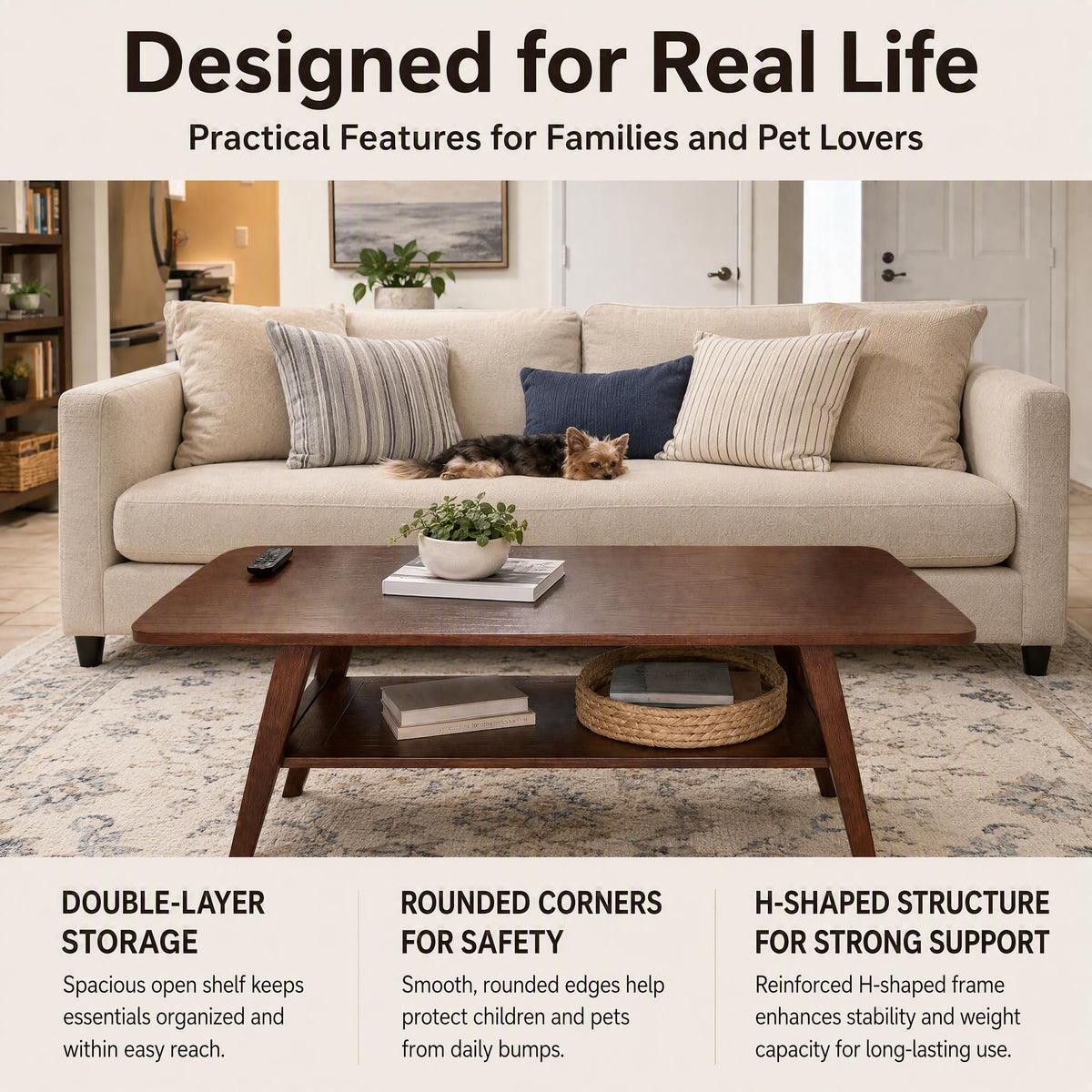 Solid Wood 2-Tier Coffee Table with Shelf Storage O4329