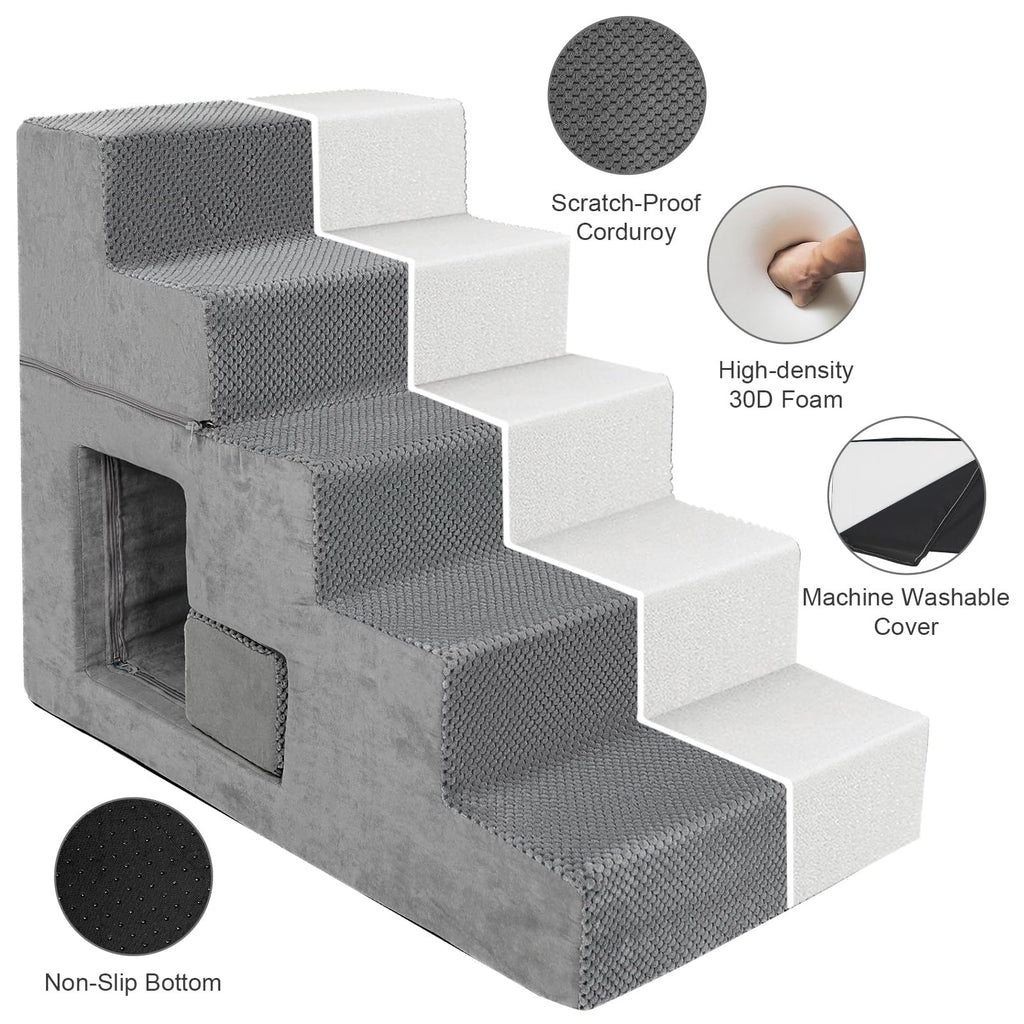 Grey 5-Step Dog Stairs with Non-Slip Washable Cover O3048