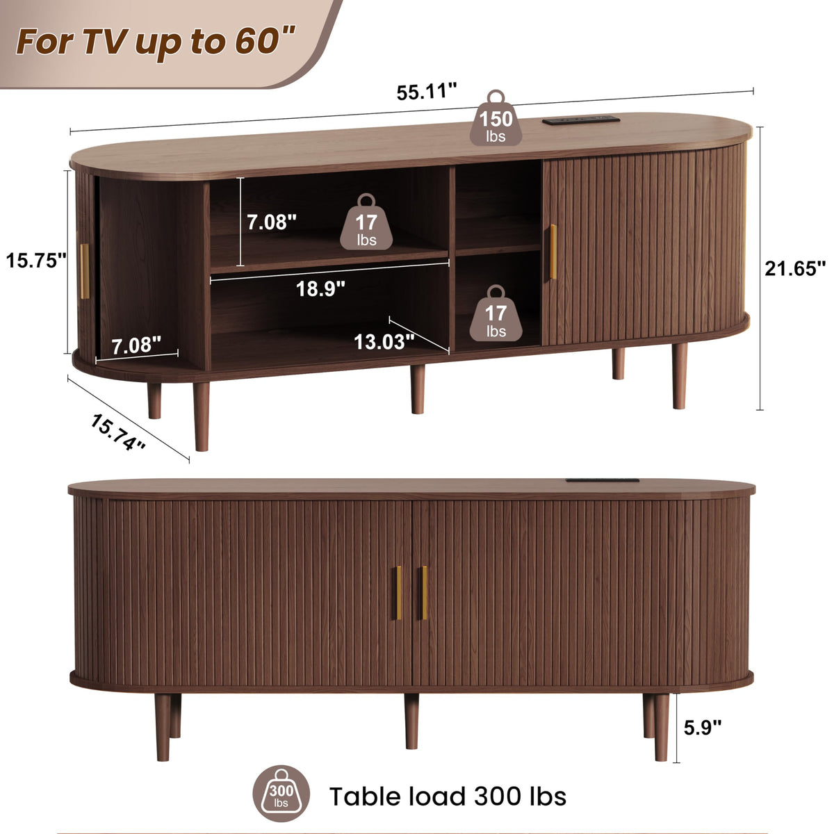 55 Inch Mid Century Modern TV Stand with Power Outlet and Adjustable Shelves X168360