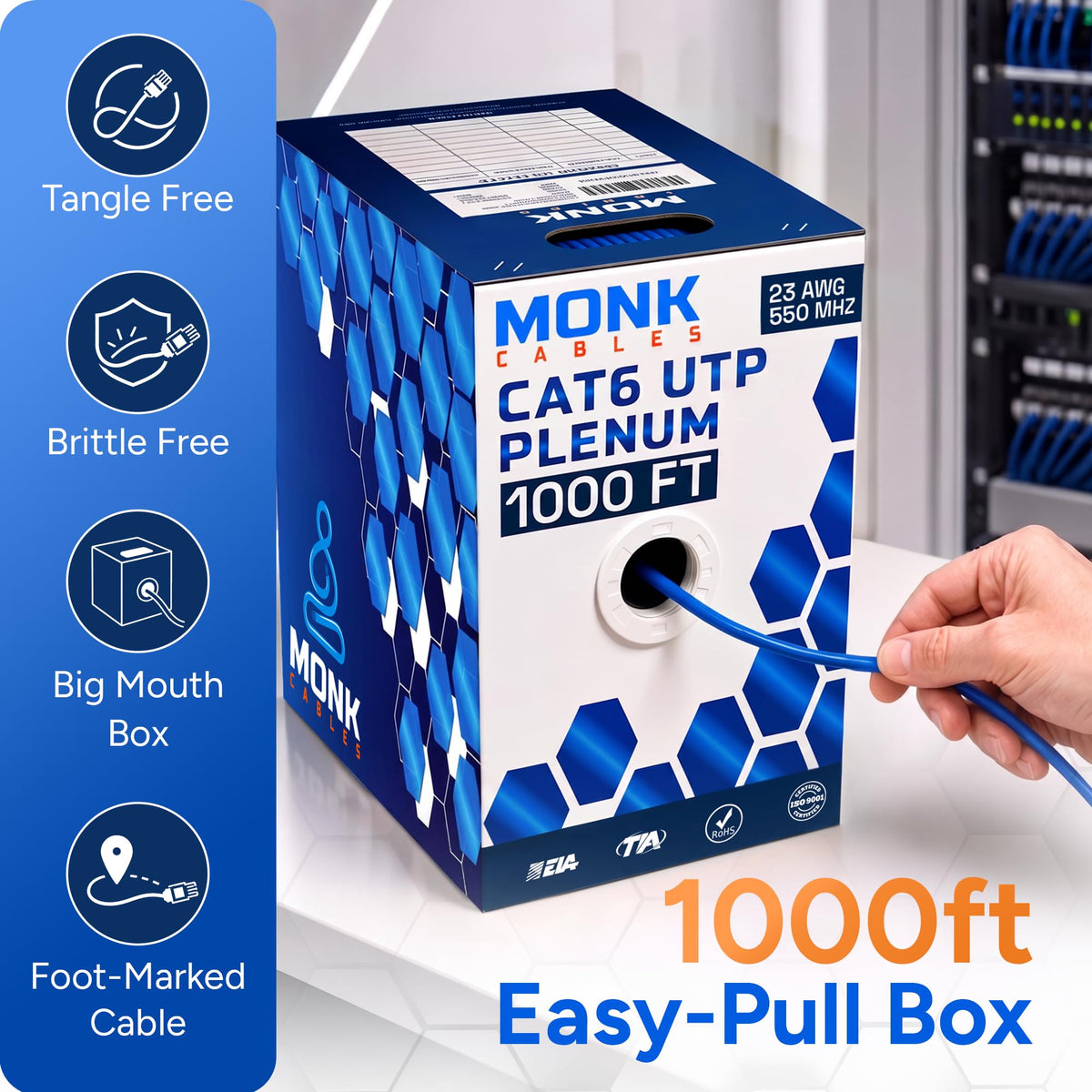 CAT6 Plenum Cable 1000ft UTP 23AWG 550MHz Blue N379341