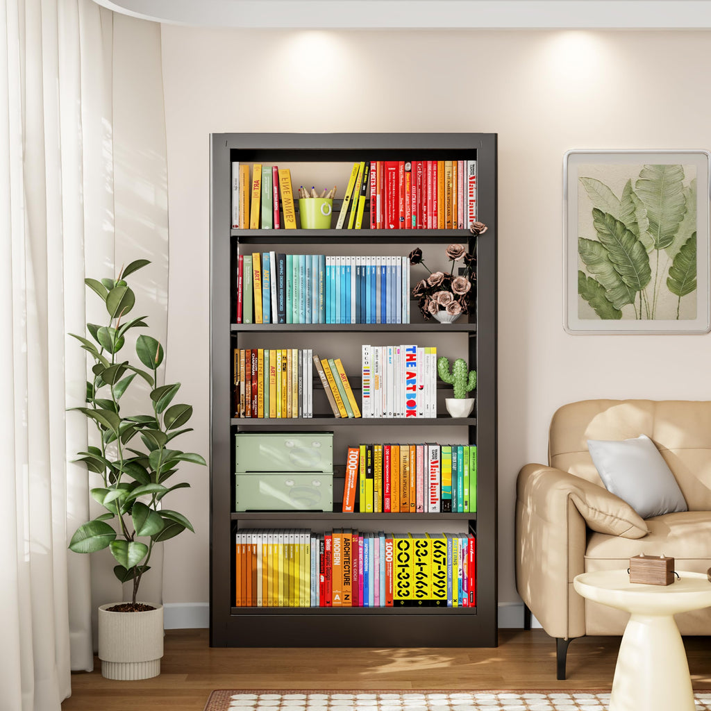 Black 5-Tier Metal Bookcase with Adjustable Shelves U784