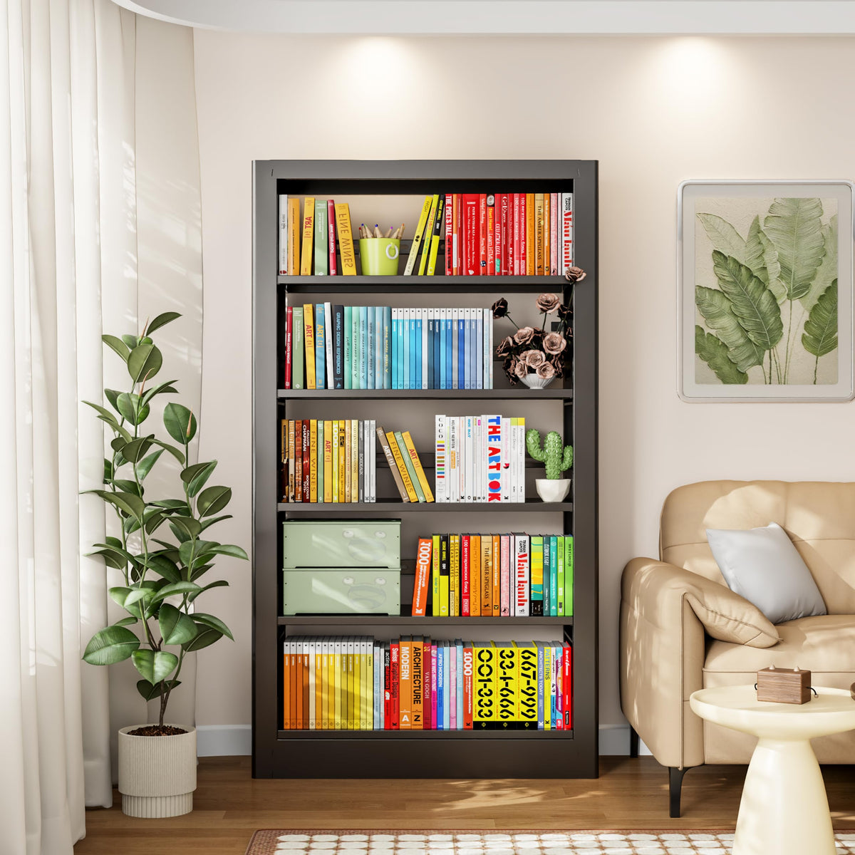 Black 5-Tier Metal Bookcase with Adjustable Shelves U784