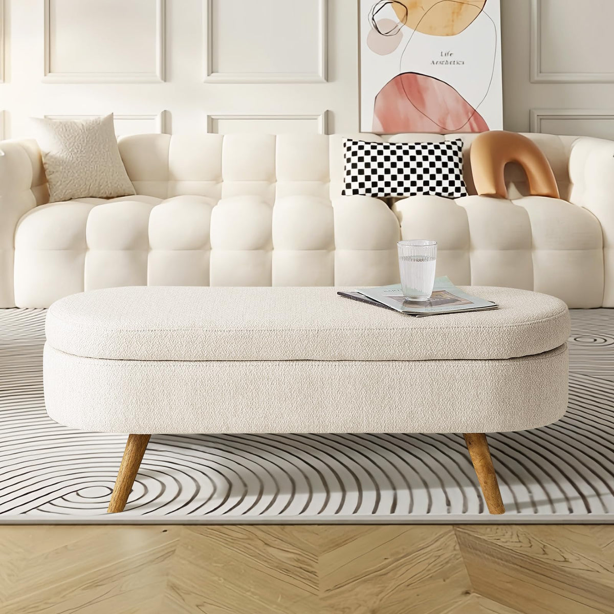 Beige Linen Upholstered Storage Ottoman Bench Z22749