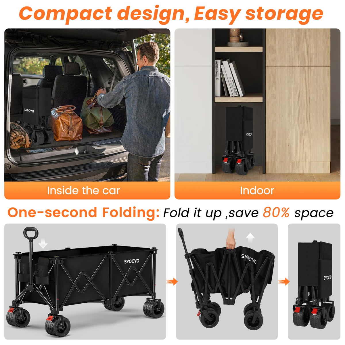 Foldable Collapsible Wagon with All-Terrain Wheels and Cup Holders, Black U7679