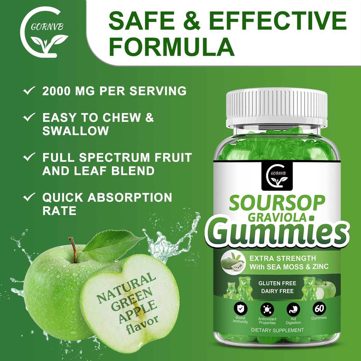Organic Soursop Graviola Gummies 2200mg with Sea Moss Zinc Vitamin C 60 Gummies G533