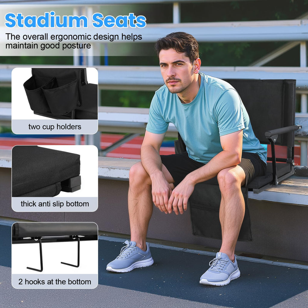 2 Pcs Black Folding Stadium Seats with Back Support and Cup Holder U8427
