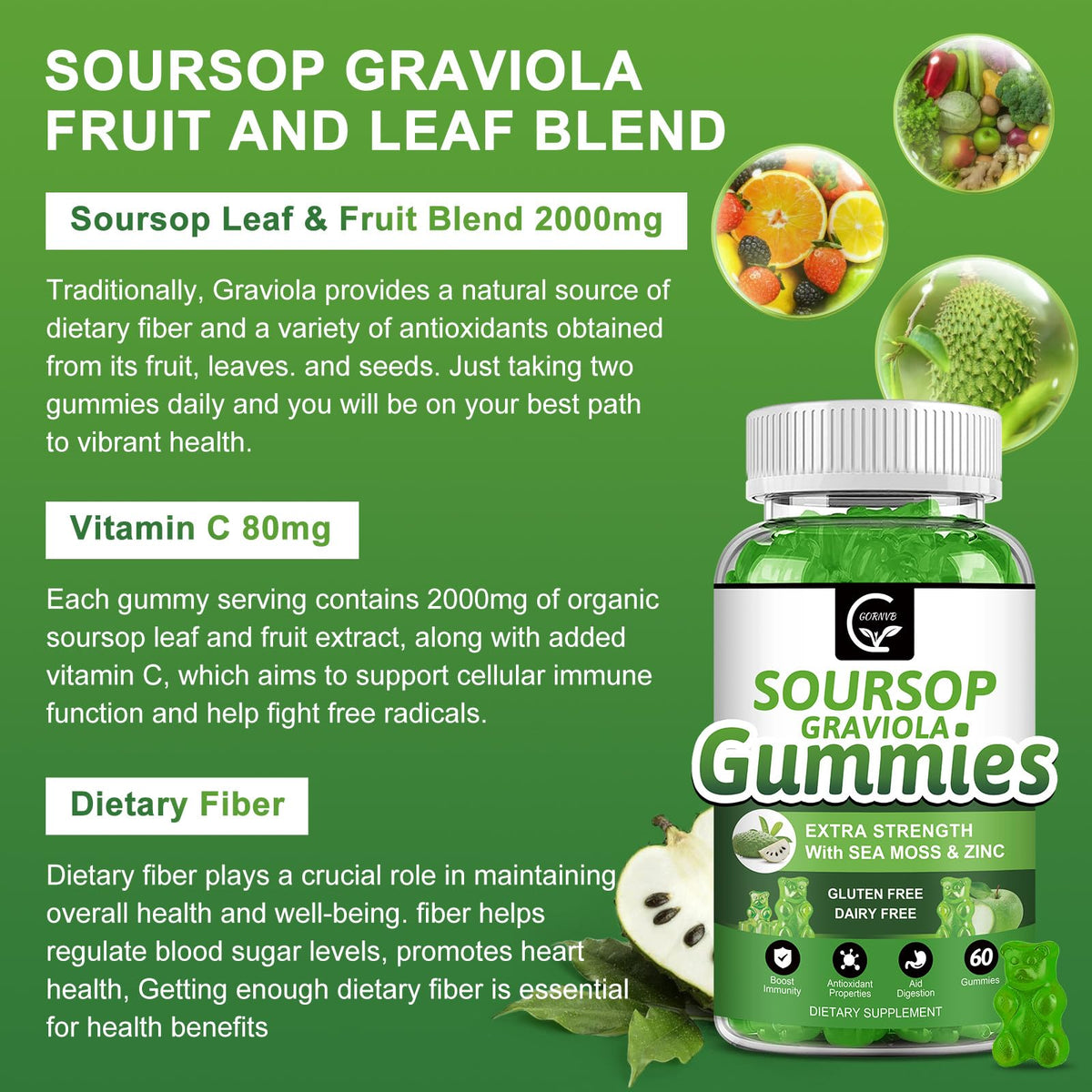 Organic Soursop Graviola Gummies 2200mg with Sea Moss Zinc Vitamin C 60 Gummies G533