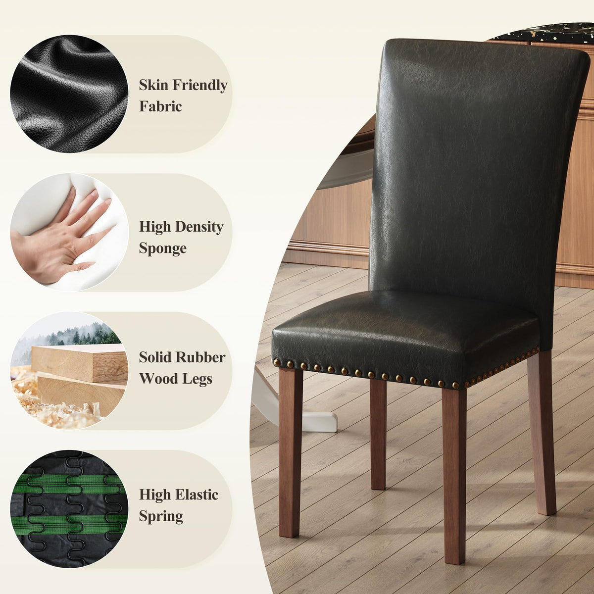 Black Leather Dining Chairs Set of 2 with Wood Legs S5686