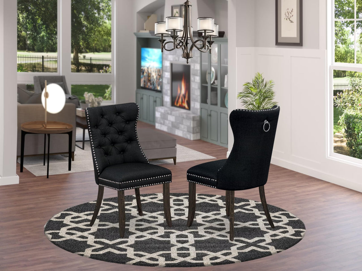 Black Linen Fabric Button Tufted Dining Chairs Set of 2 T181583