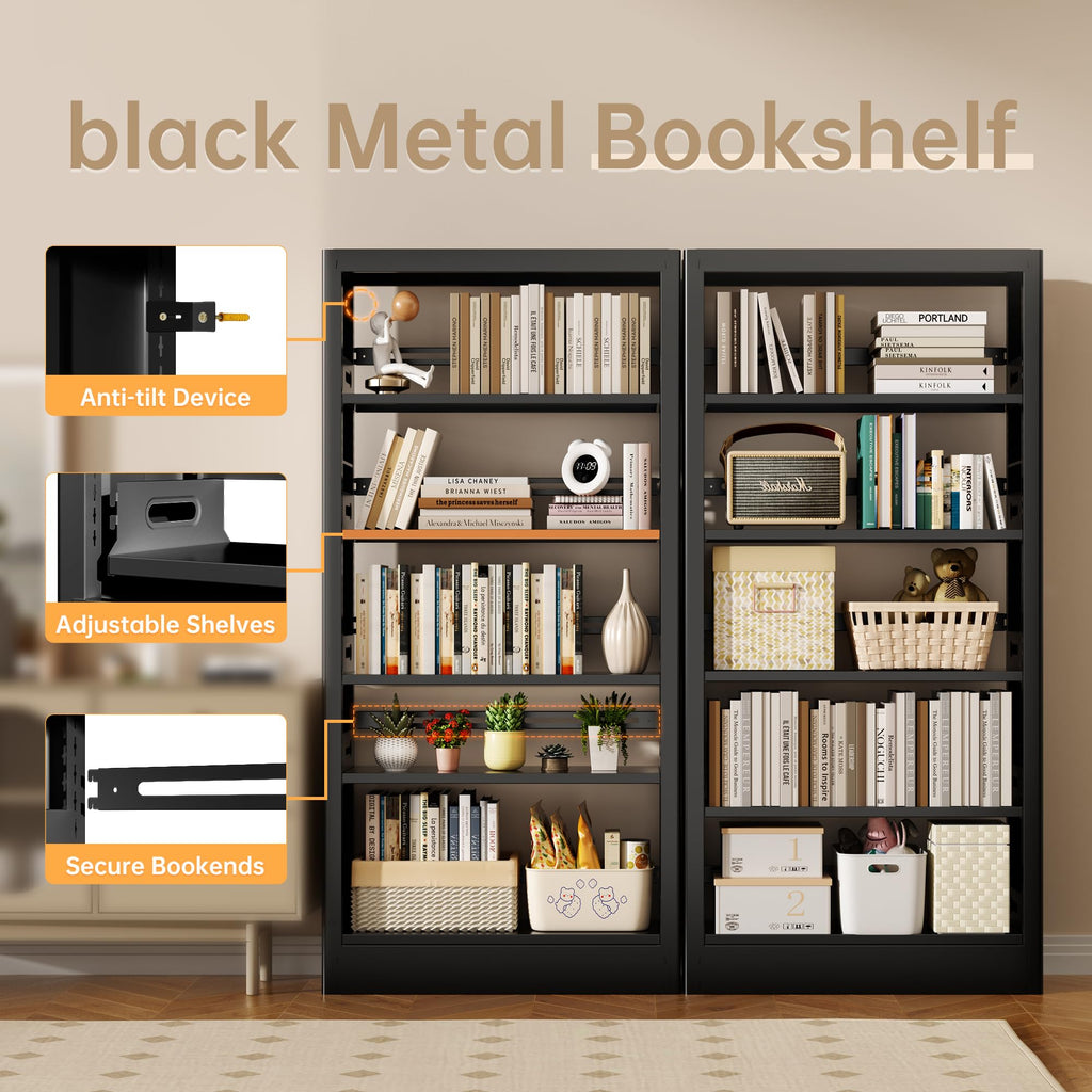 Black 5-Tier Metal Bookcase with Adjustable Shelves U784