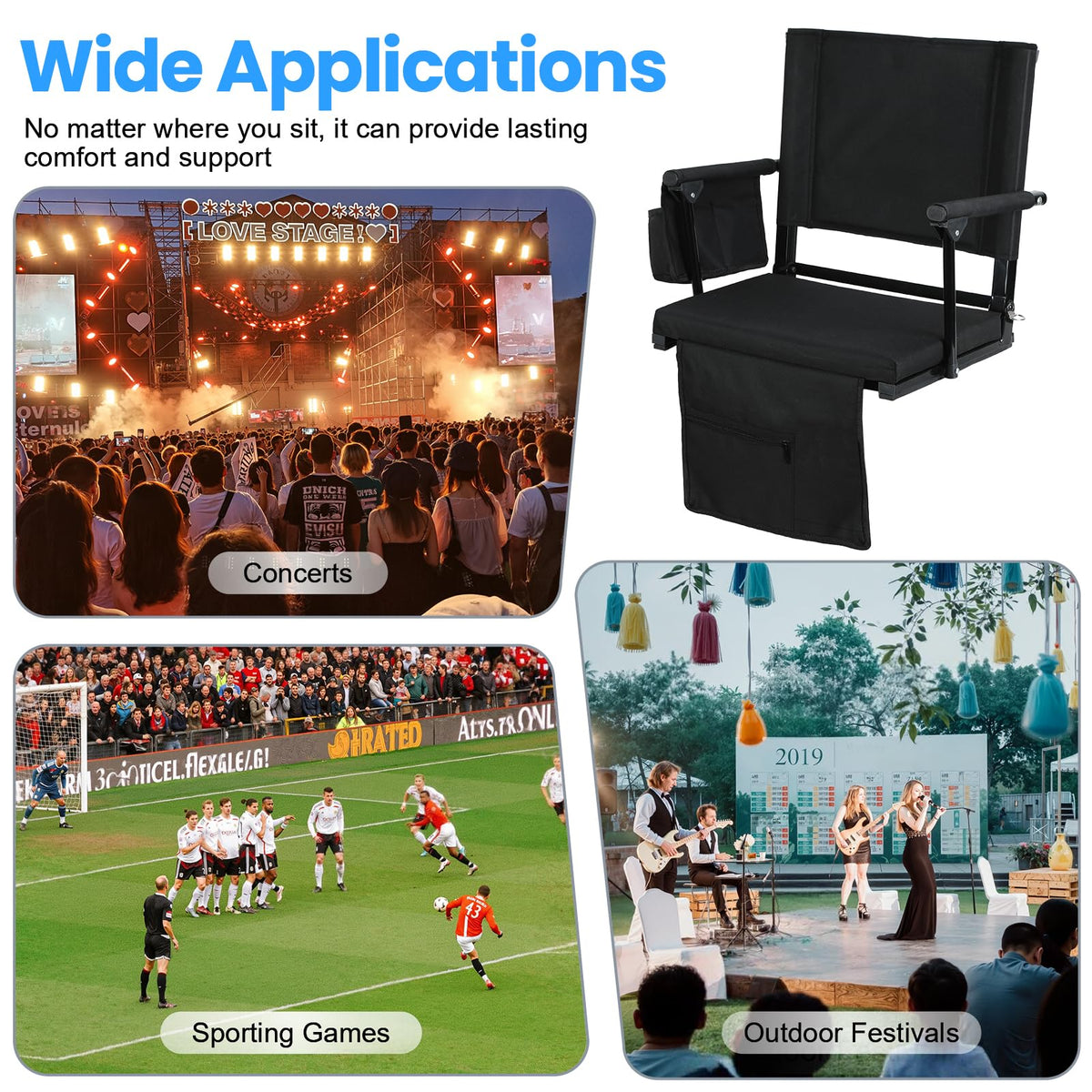 2 Pcs Black Folding Stadium Seats with Back Support and Cup Holder U8427