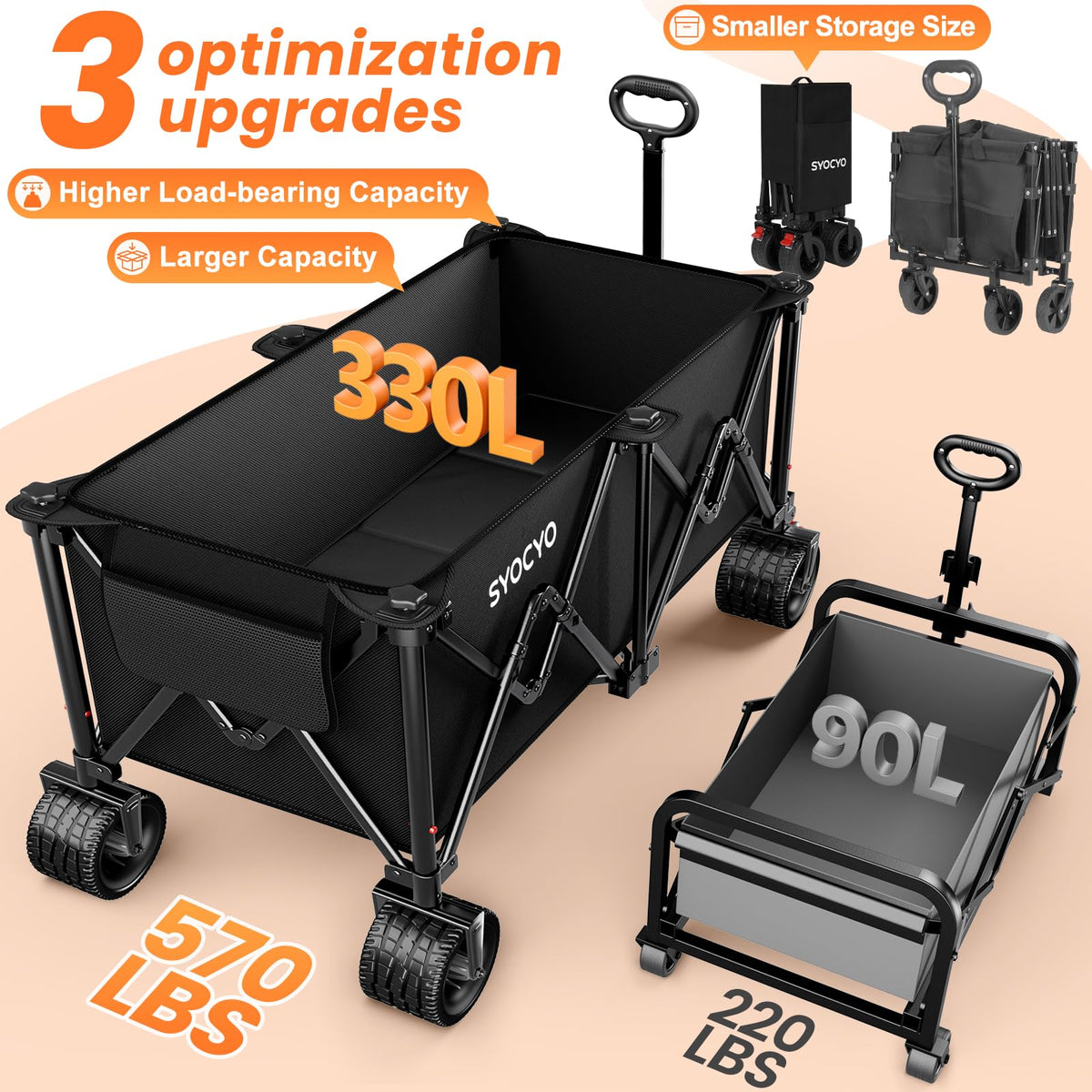 Foldable Collapsible Wagon with All-Terrain Wheels and Cup Holders, Black U7679