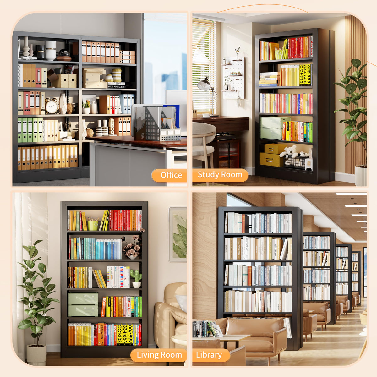 Black 5-Tier Metal Bookcase with Adjustable Shelves U784