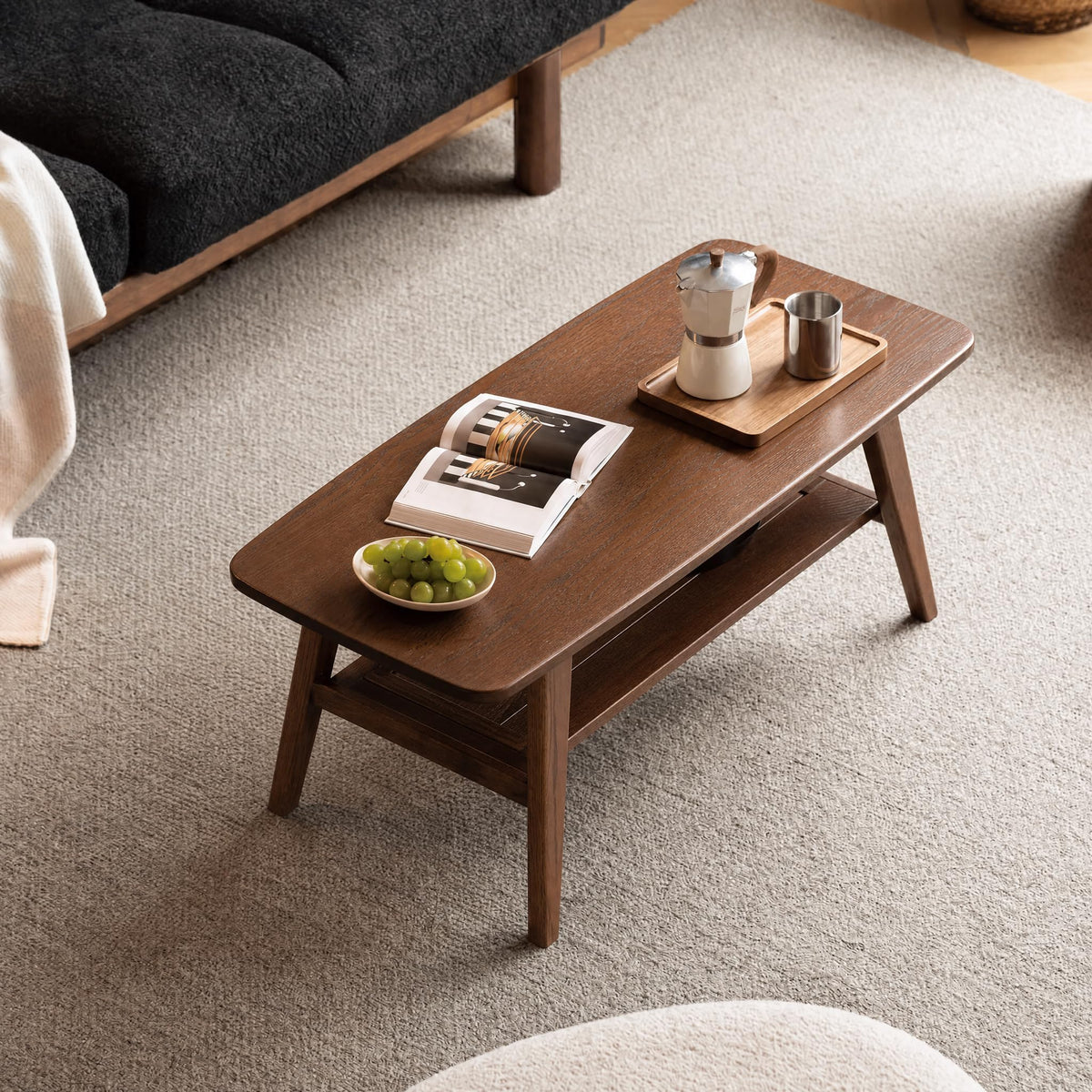 Solid Wood 2-Tier Coffee Table with Shelf Storage O4329
