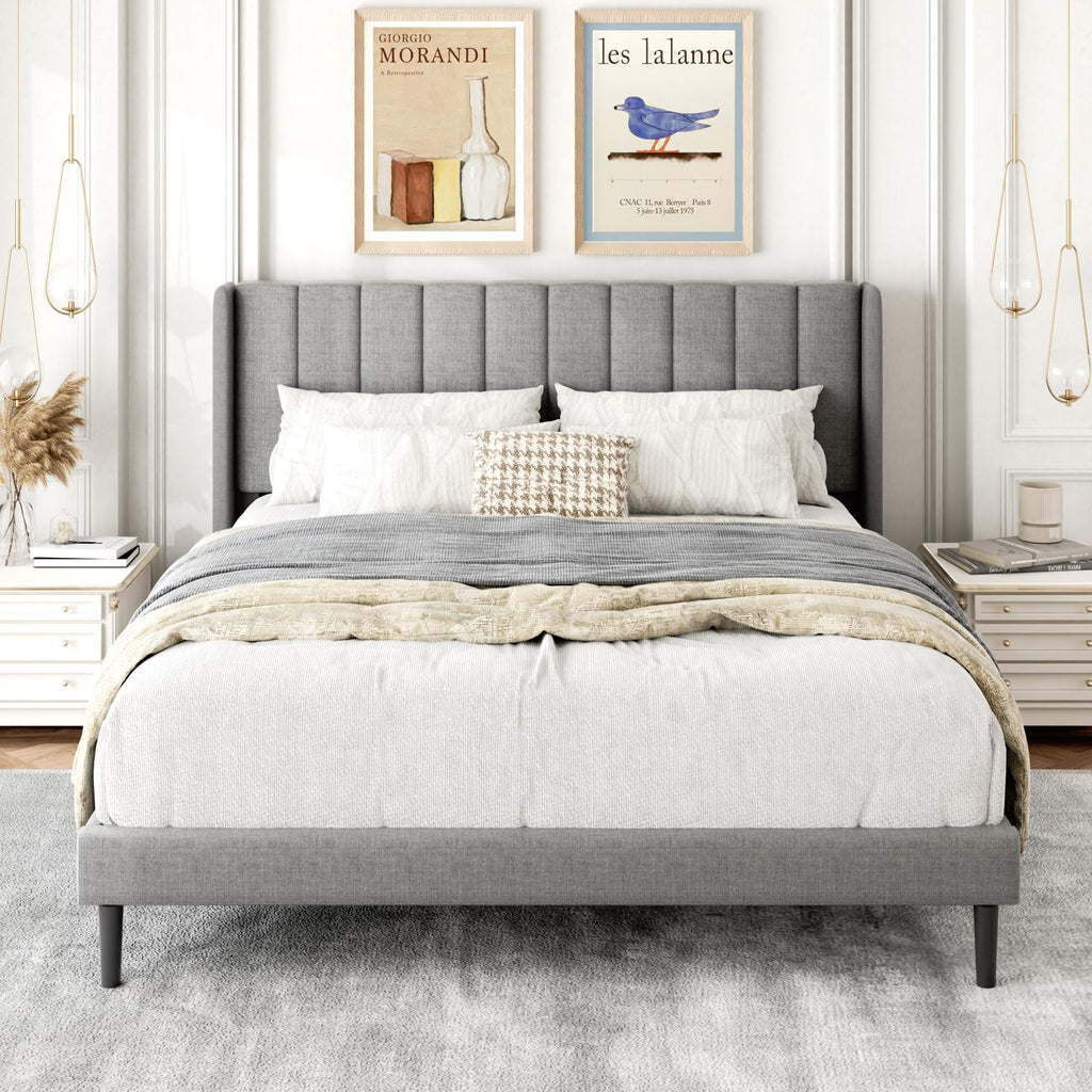 Queen Size Upholstered Platform Bed Frame with Wingback Headboard I52436