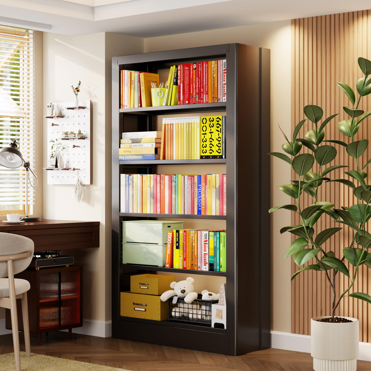 Black 5-Tier Metal Bookcase with Adjustable Shelves U784